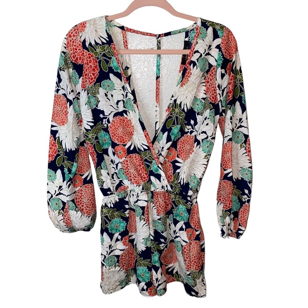 Oober Swank Floral Romper Small Long Sleeve Surplice V Neck Navy Boho Women's
